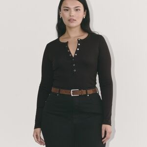 Everlane Shirt Womens Black Micro Luxe Rib Long Sleeve Henley Pima Supima